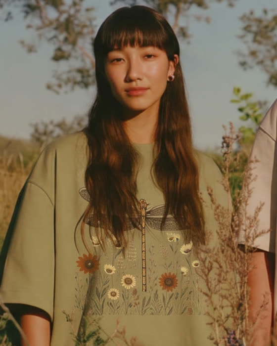 Sage green tee with dragonfly and wildflower print