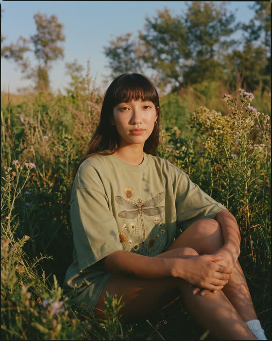 Sitting in the meadow in a dragonfly print tee