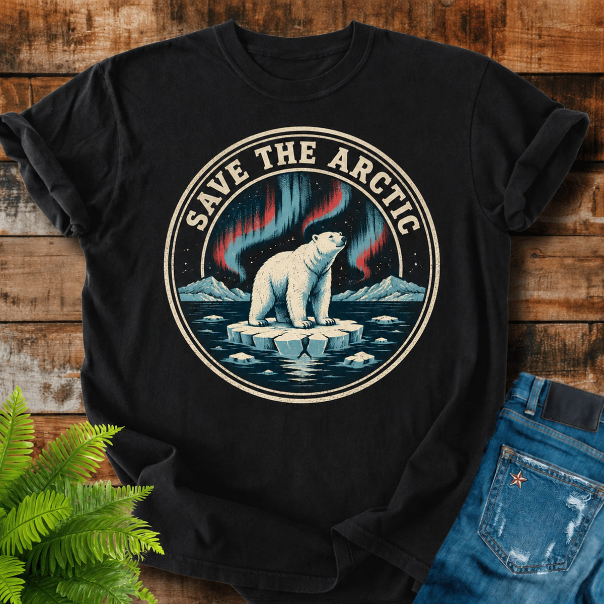 Save The Arctic print on a Black t-shirt