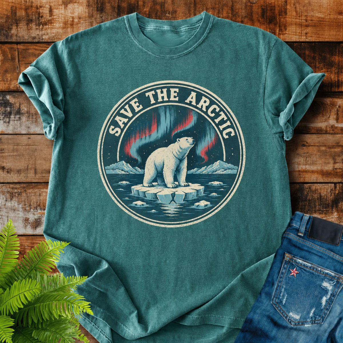 Save The Arctic print on a Blue Spruce t-shirt
