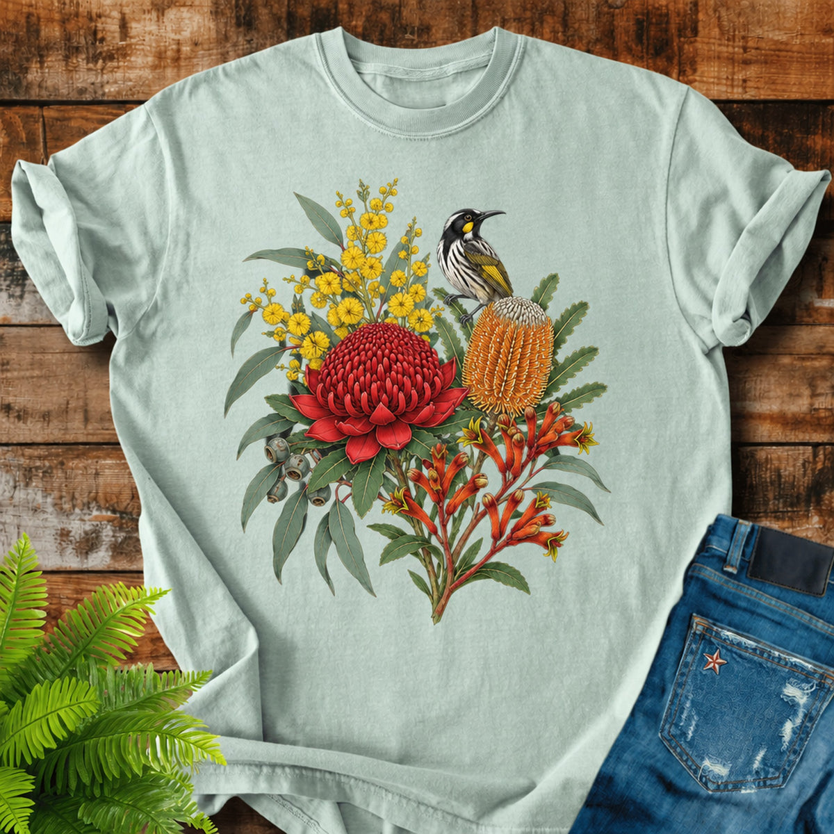 Australian Native Bouquet print on a Bay t-shirt