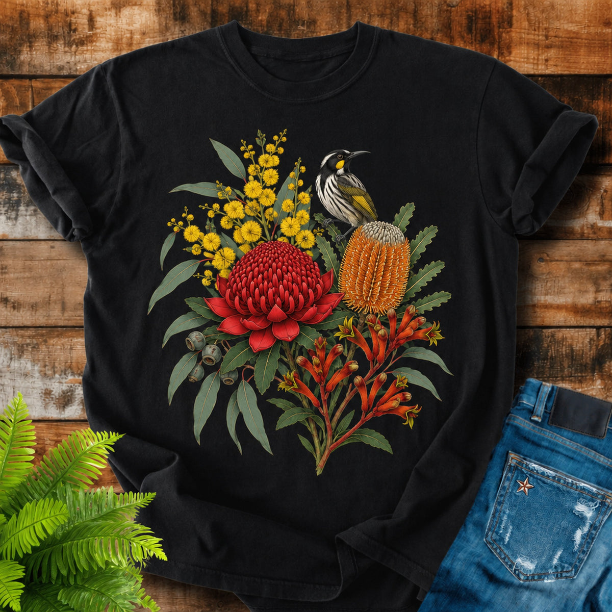 Australian Native Bouquet print on a Black t-shirt