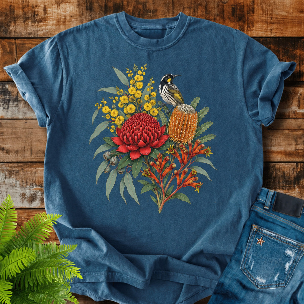 Australian Native Bouquet print on a Midnight t-shirt