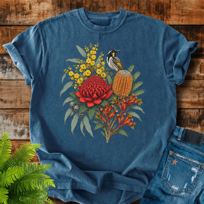 Australian Native Bouquet print on a Midnight t-shirt
