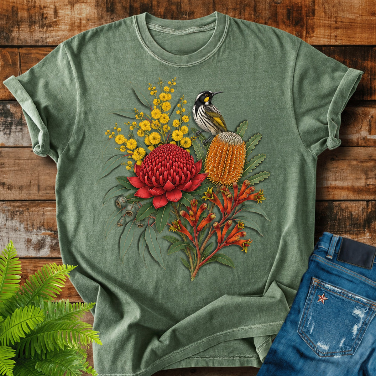 Australian Native Bouquet print on a Moss t-shirt