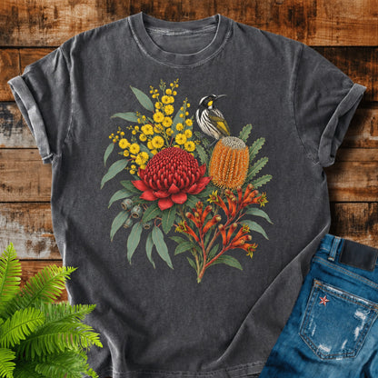 Australian Native Bouquet print on a Pepper t-shirt