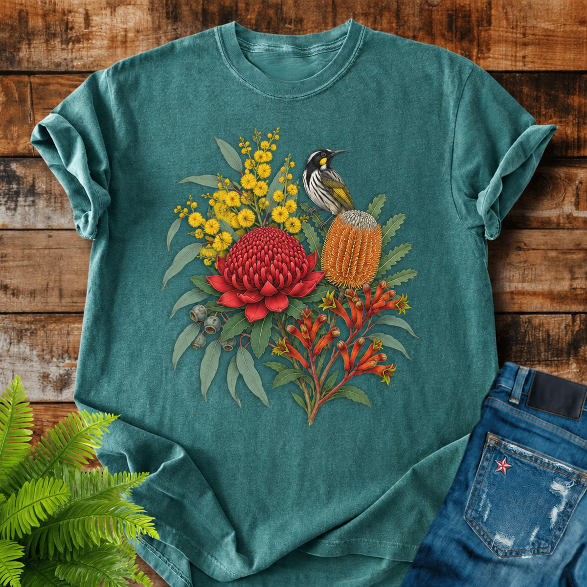 Australian Native Bouquet print on a Blue Spruce t-shirt