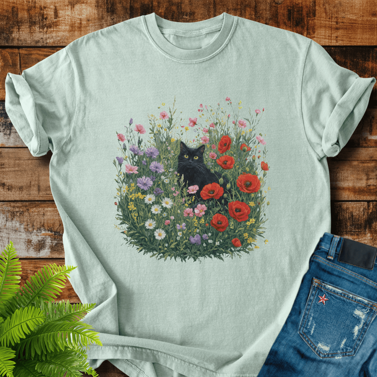 Black Cat Flowers T-shirt