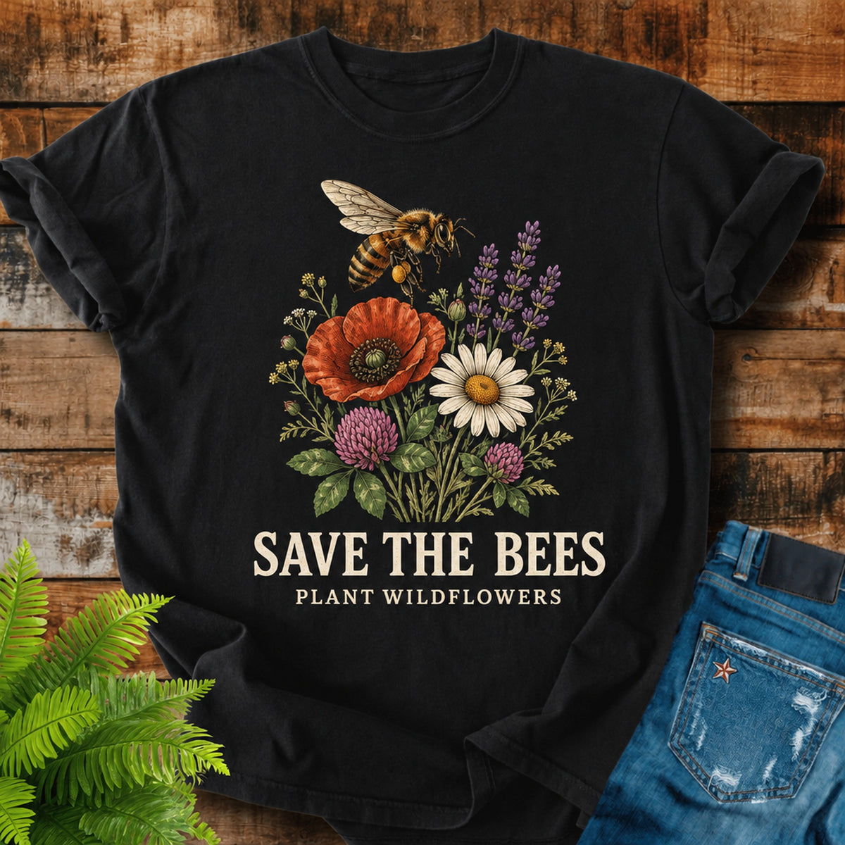 Save The Bees print on a Black t-shirt