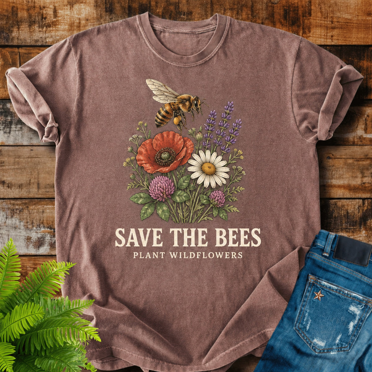 Save The Bees print on a Espresso t-shirt