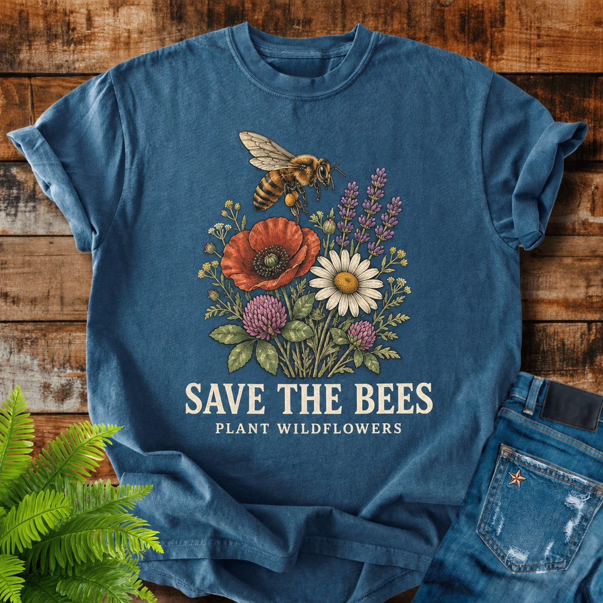 Save The Bees print on a Midnight t-shirt