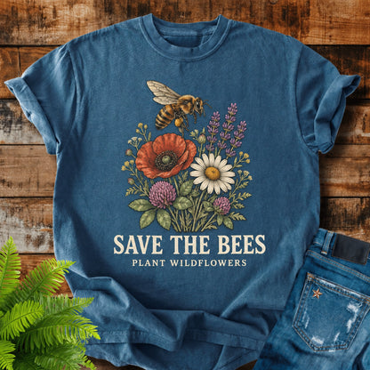 Save The Bees print on a Midnight t-shirt