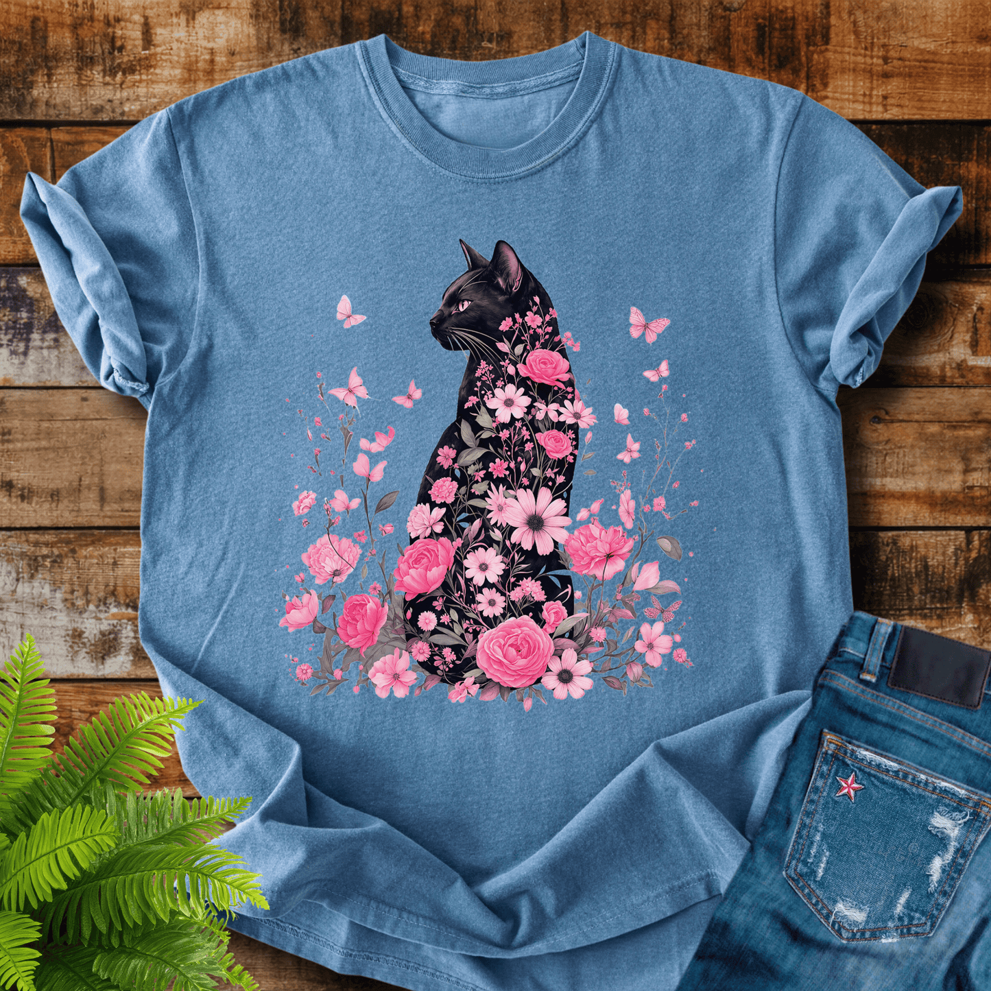 Floral Black Cat T-shirt