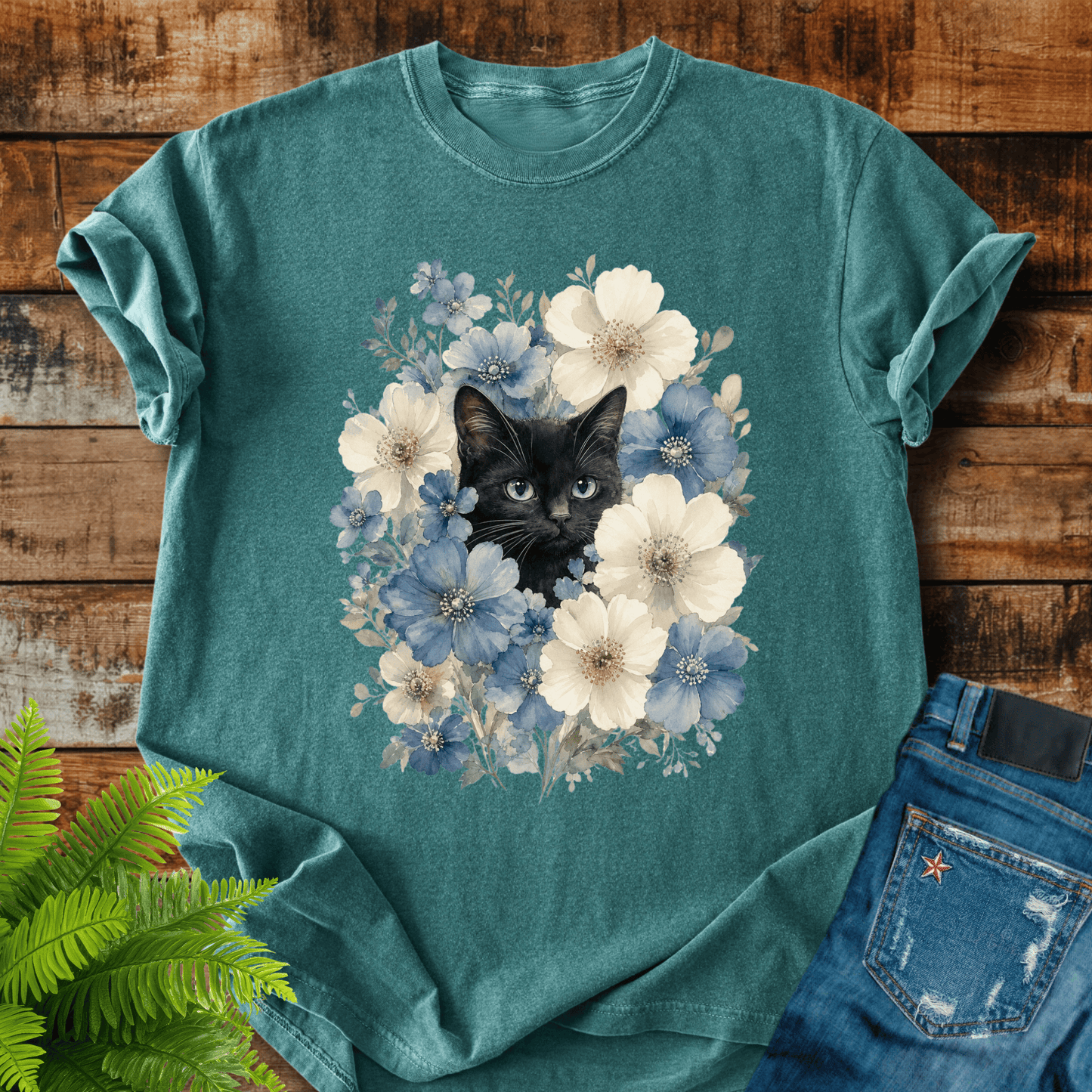 Floral Black Cat T-shirt