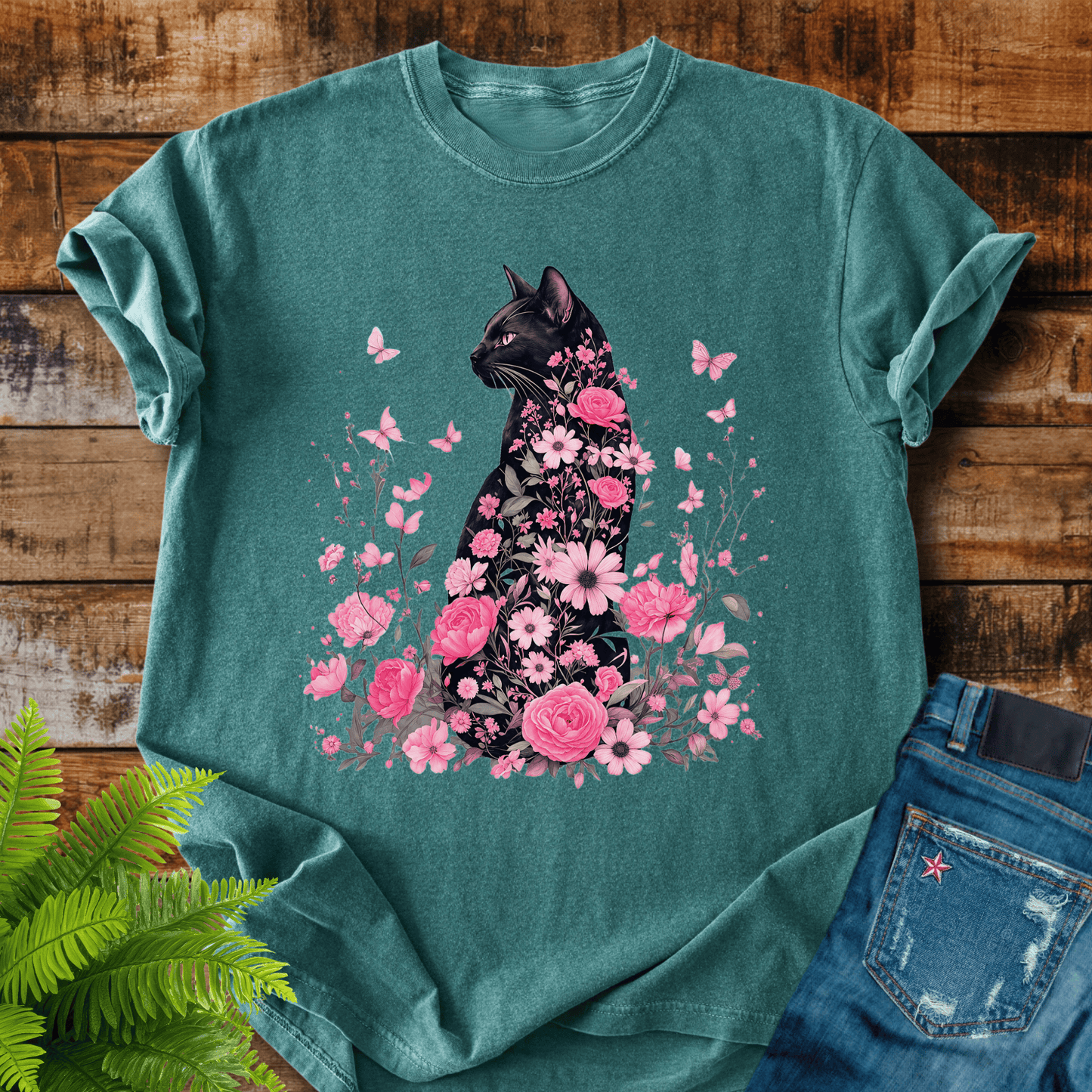 Floral Black Cat T-shirt