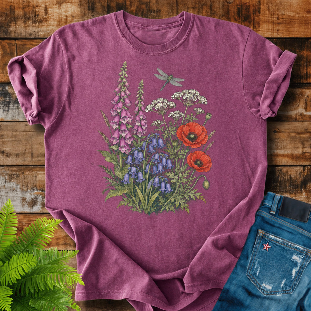 British Meadow print on a Berry t-shirt