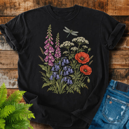 British Meadow print on a Black t-shirt