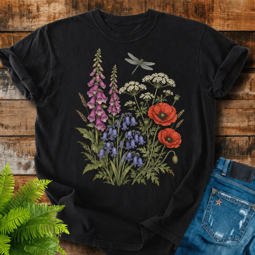 British Meadow print on a Black t-shirt