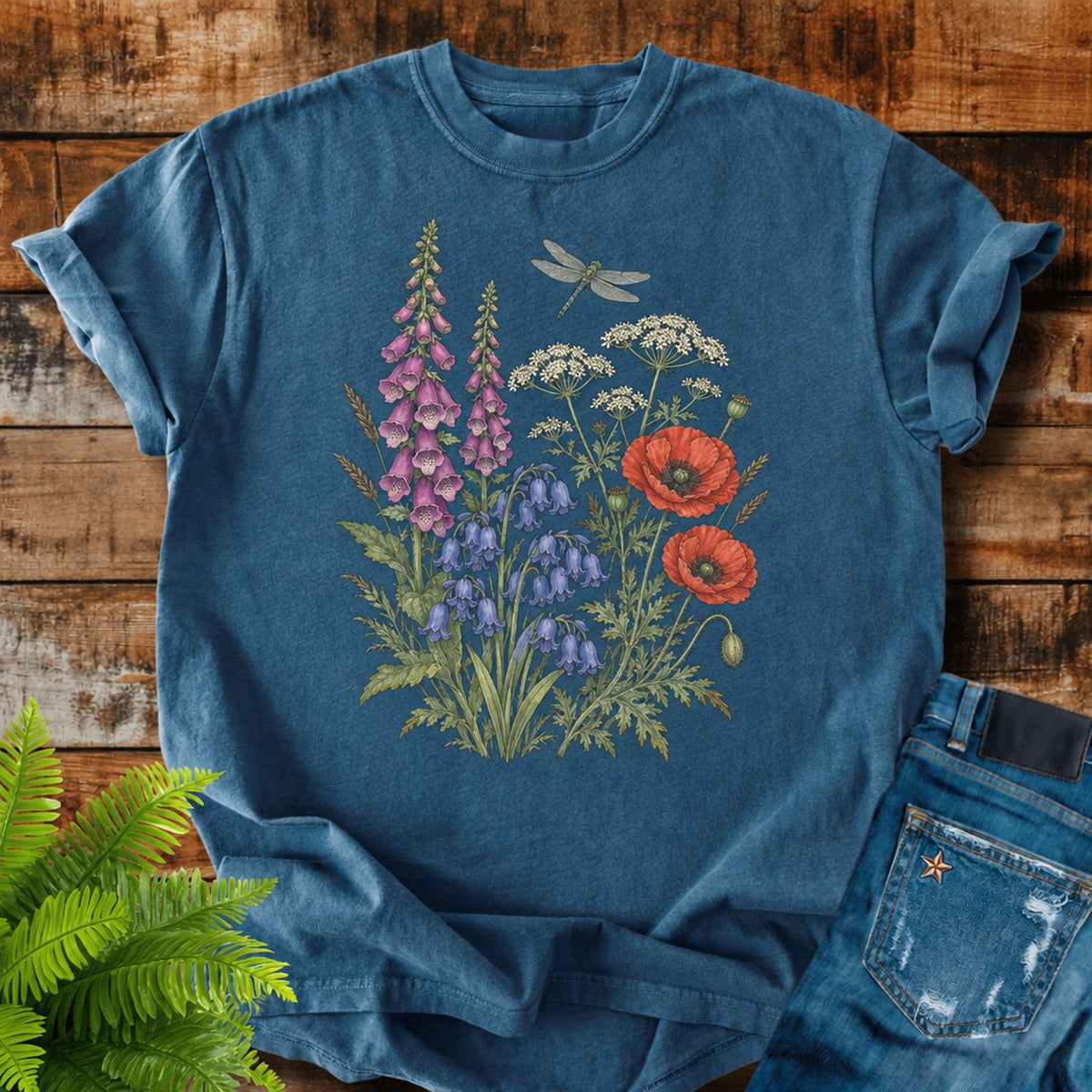British Meadow print on a Midnight t-shirt