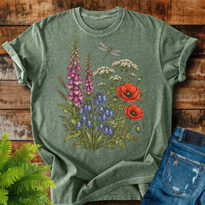 British Meadow print on a Moss t-shirt