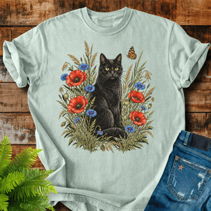 Black Cat In Poppies print on a Bay t-shirt