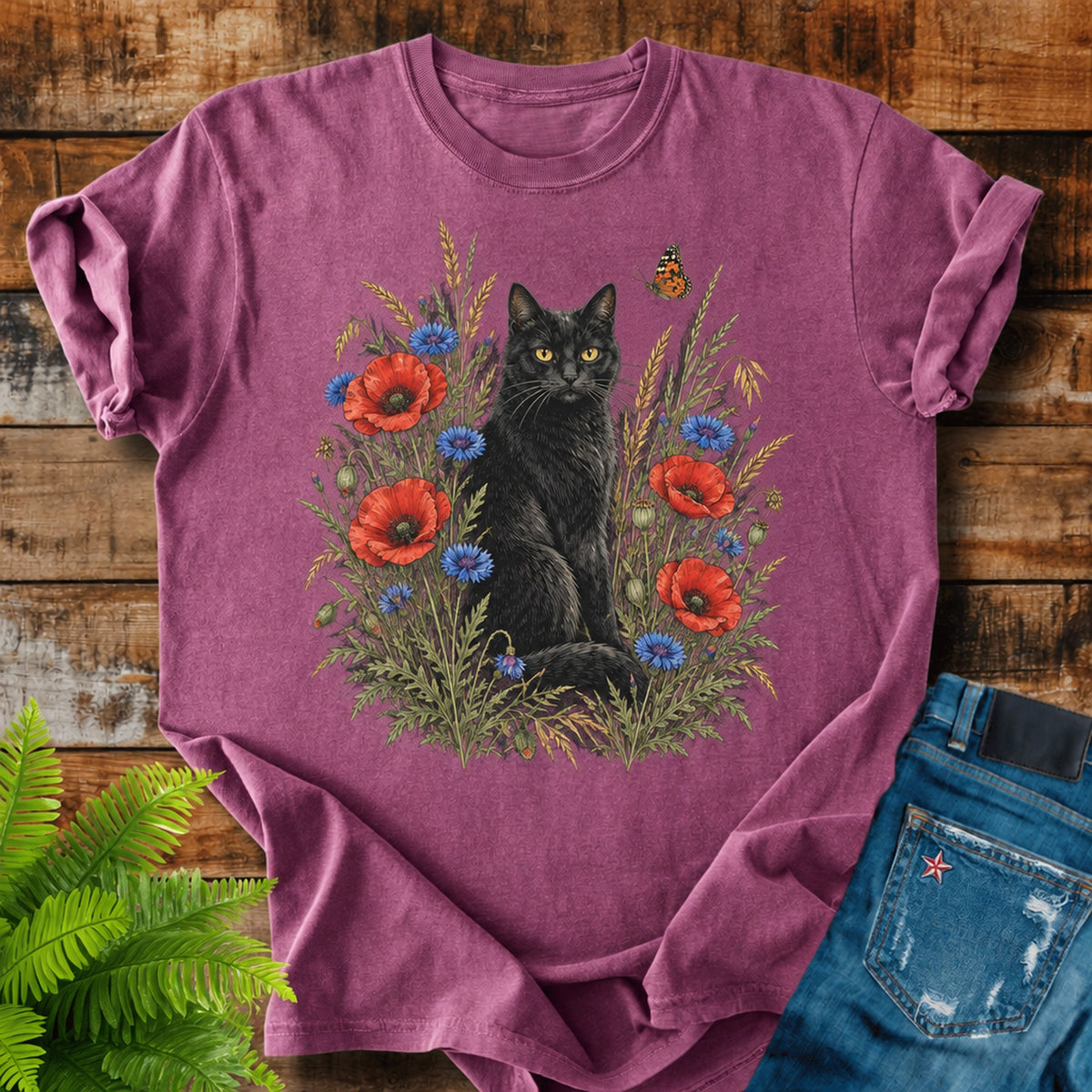 Black Cat In Poppies print on a Berry t-shirt