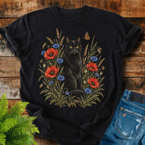 Black Cat In Poppies print on a Black t-shirt