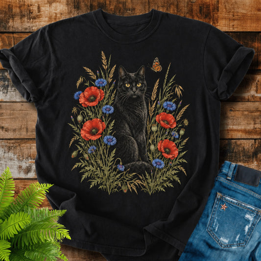 Black Cat In Poppies print on a Black t-shirt
