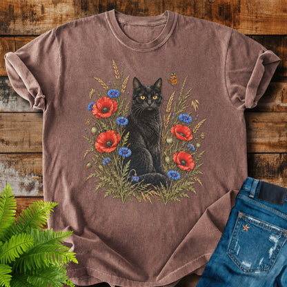 Black Cat In Poppies print on a Espresso t-shirt