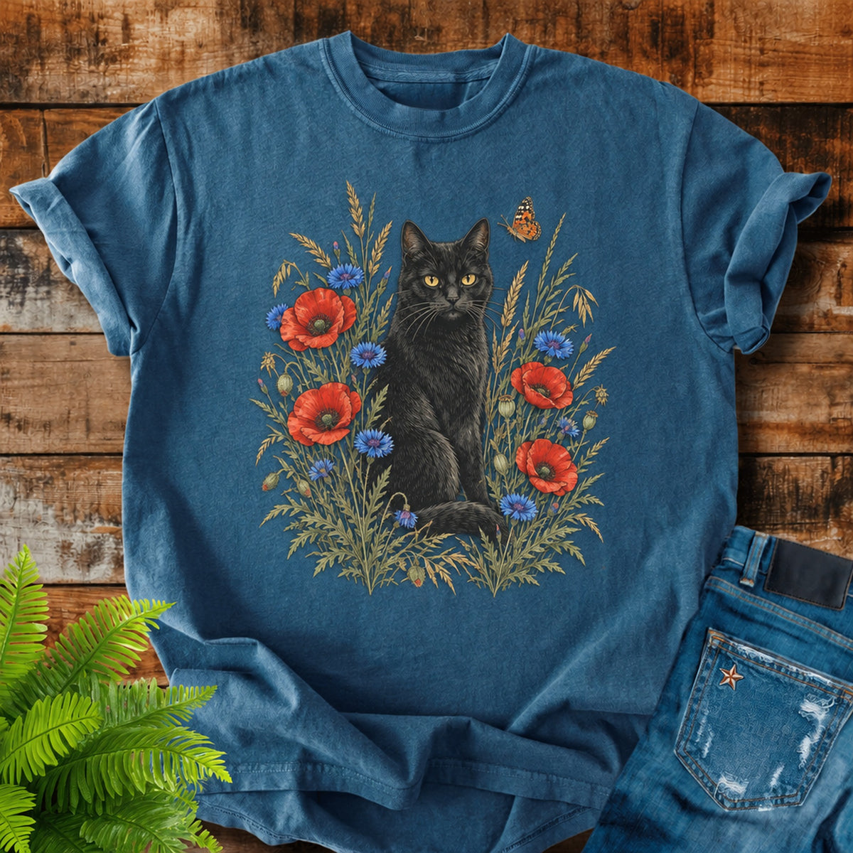 Black Cat In Poppies print on a Midnight t-shirt