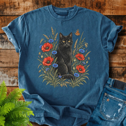 Black Cat In Poppies print on a Midnight t-shirt