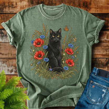 Black Cat In Poppies print on a Moss t-shirt