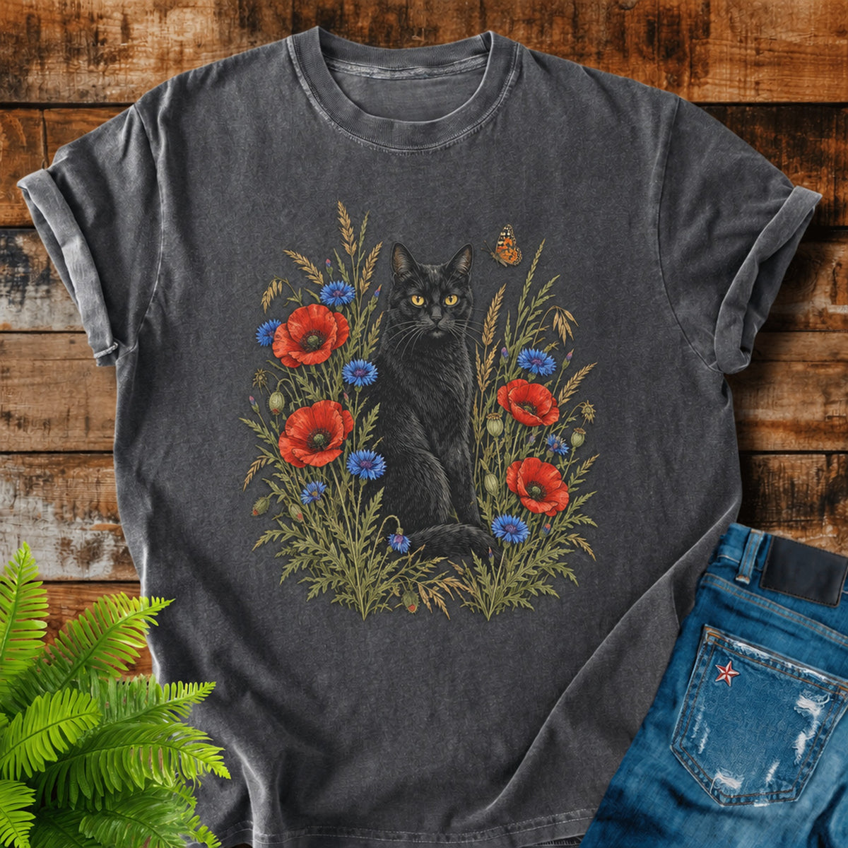 Black Cat In Poppies print on a Pepper t-shirt