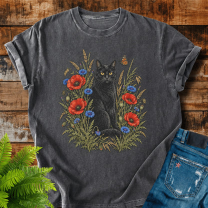 Black Cat In Poppies print on a Pepper t-shirt