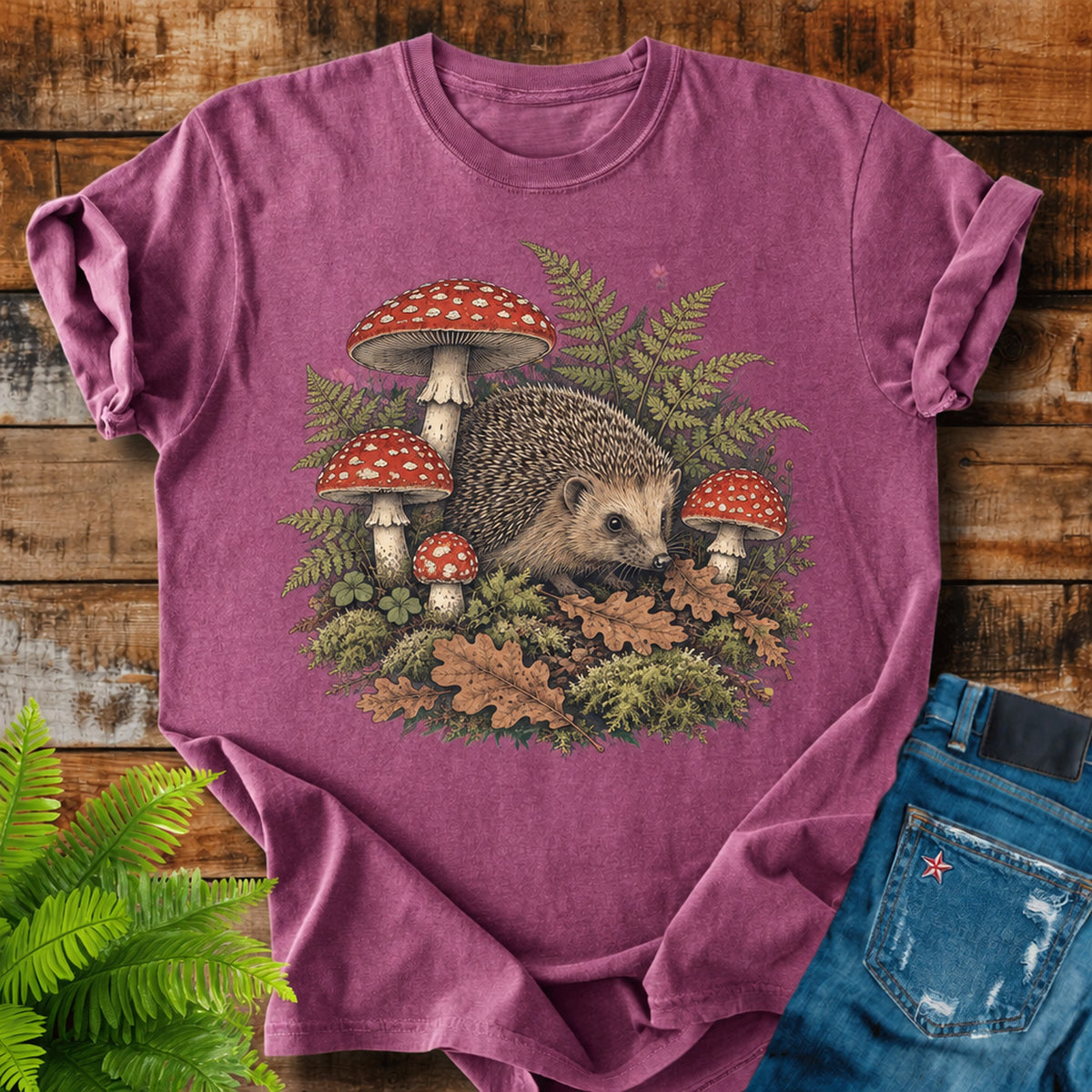 Forest Floor print on a Berry t-shirt