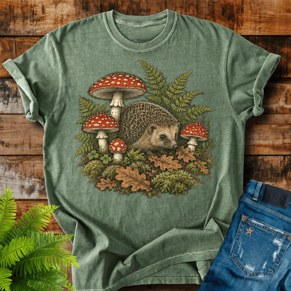 Forest Floor print on a Moss t-shirt