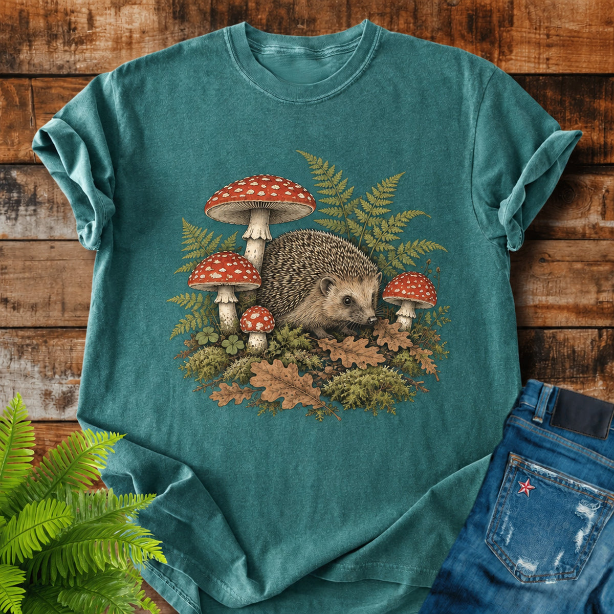 Forest Floor print on a Blue Spruce t-shirt