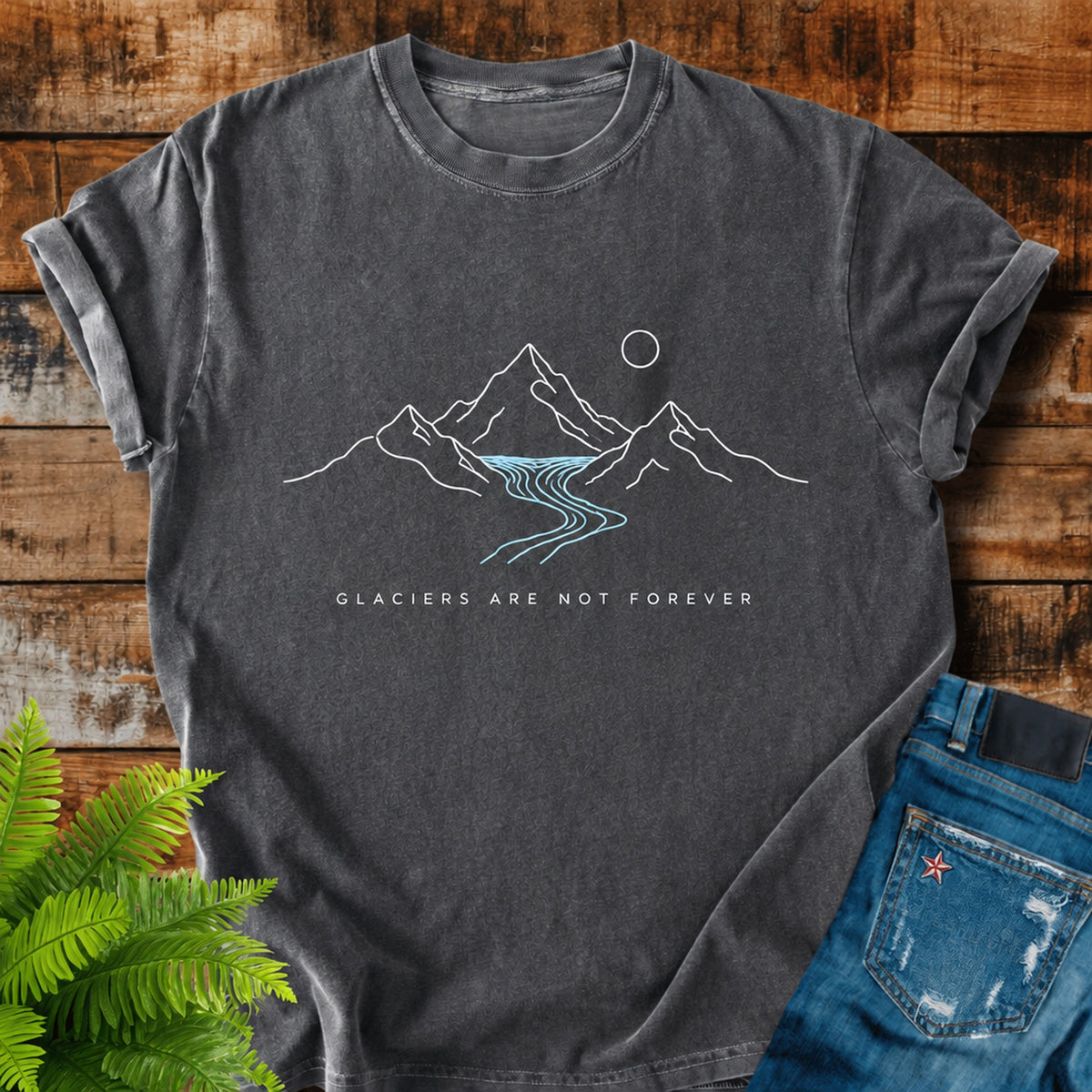 Glaciers Are Not Forever print on a Pepper t-shirt