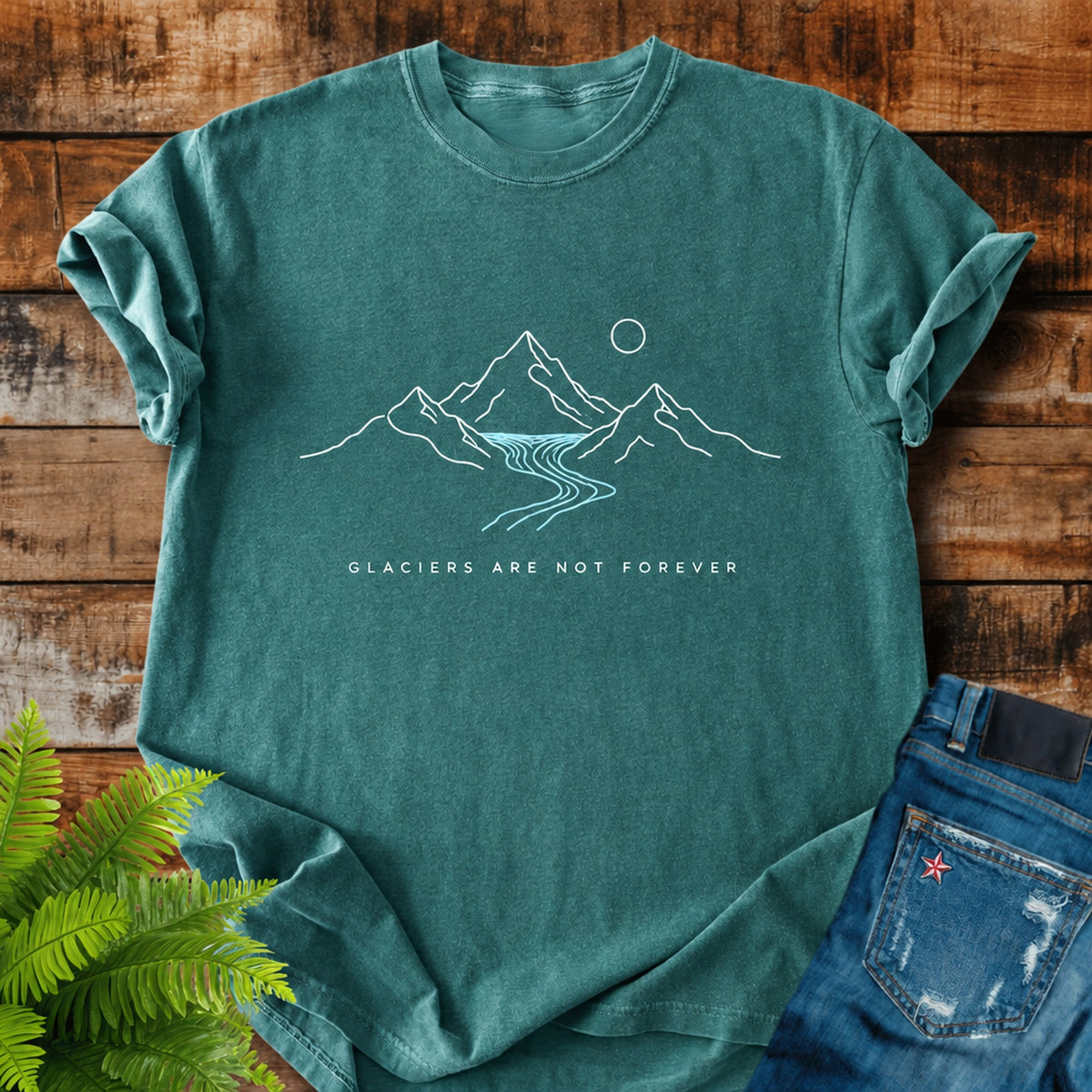 Glaciers Are Not Forever print on a Blue Spruce t-shirt