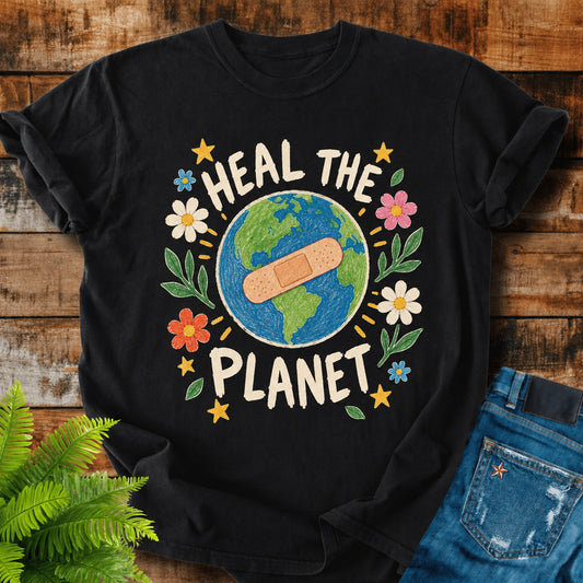 Heal The Planet print on a Black t-shirt