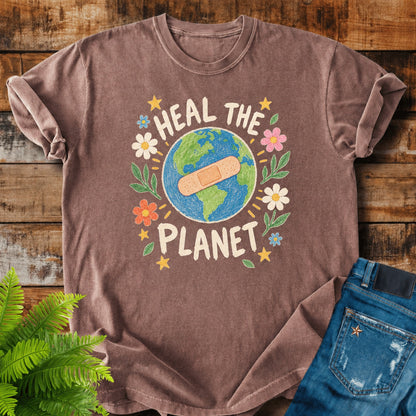 Heal The Planet print on a Espresso t-shirt