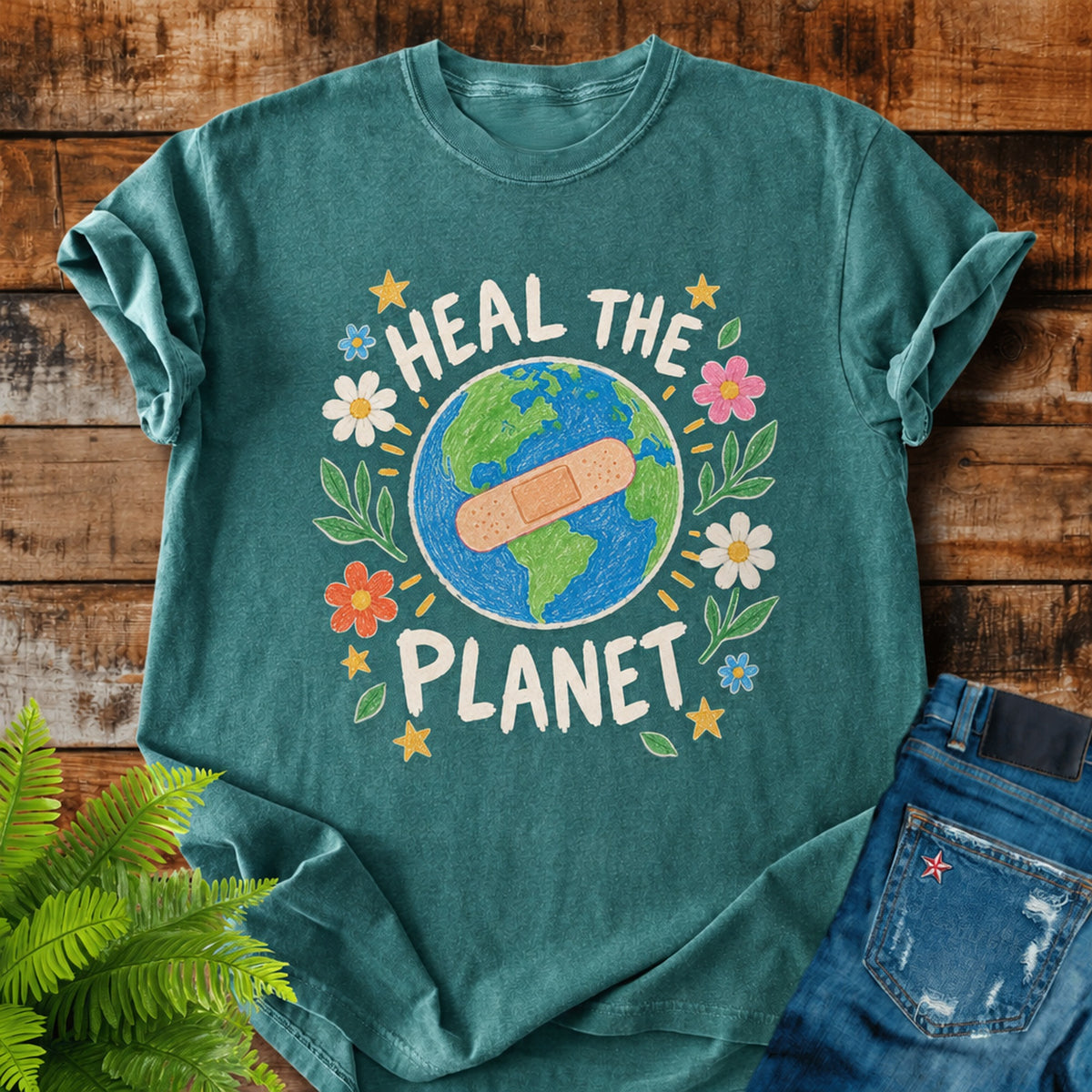 Heal The Planet print on a Blue Spruce t-shirt