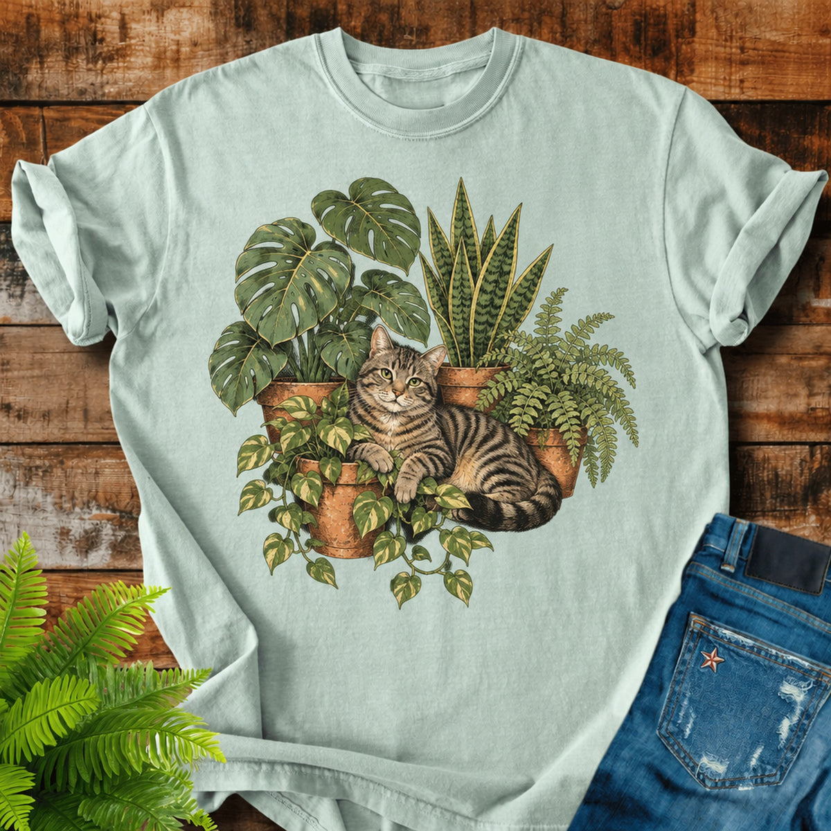 Cat And Houseplants print on a Bay t-shirt