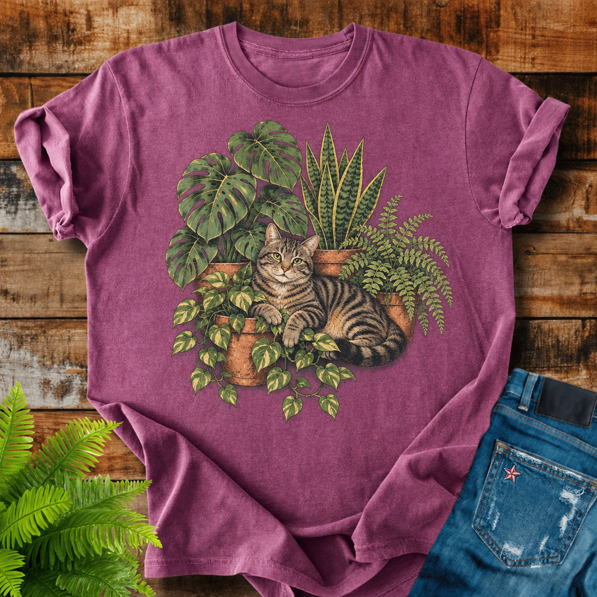 Cat And Houseplants print on a Berry t-shirt
