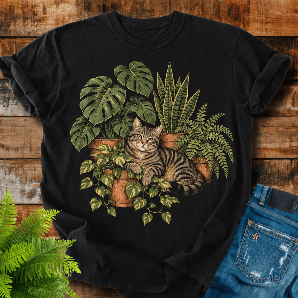 Cat And Houseplants print on a Black t-shirt