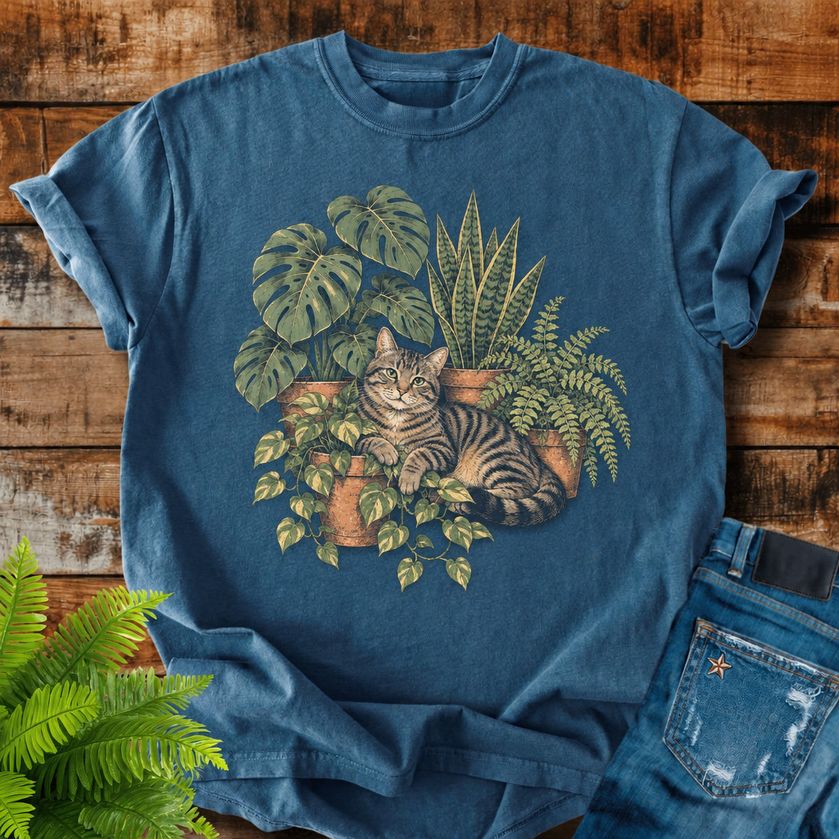 Cat And Houseplants print on a Midnight t-shirt