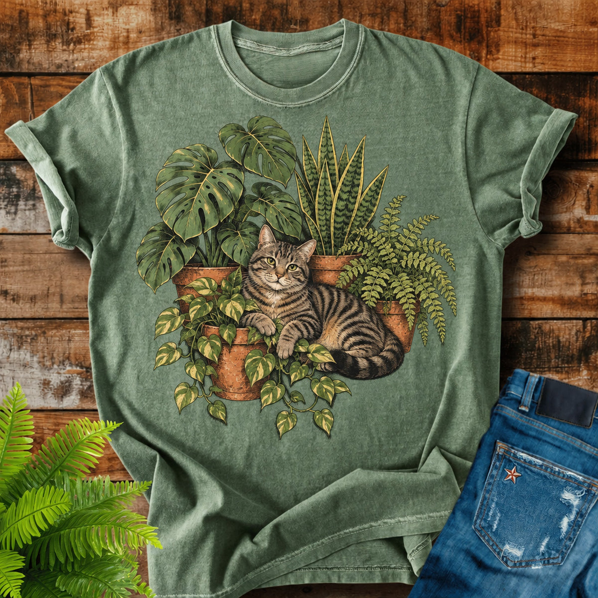 Cat And Houseplants print on a Moss t-shirt