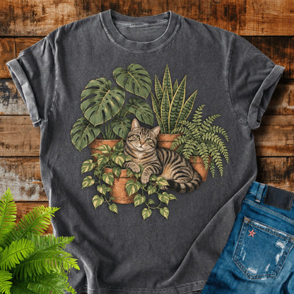 Cat And Houseplants print on a Pepper t-shirt