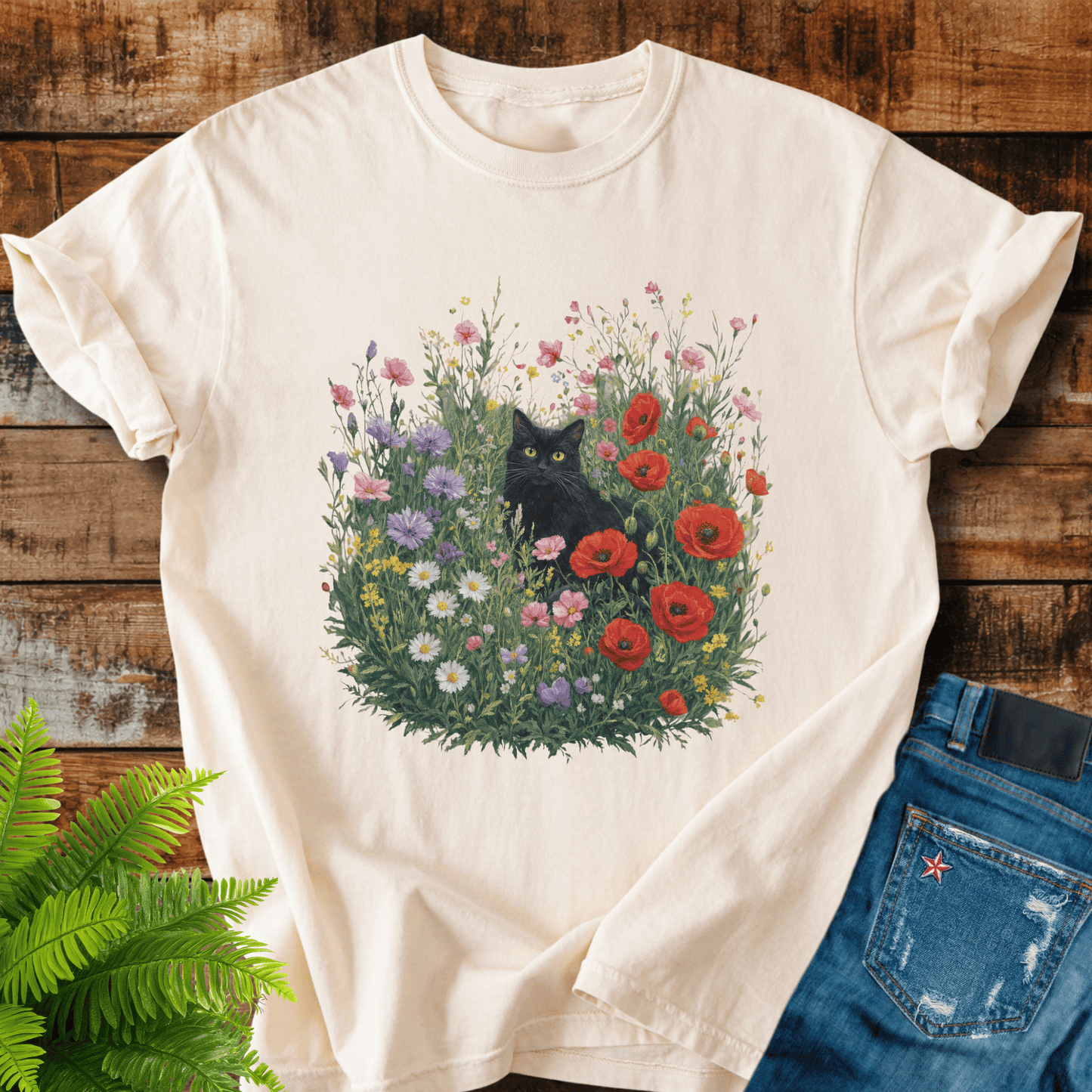 Black Cat Flowers T-shirt