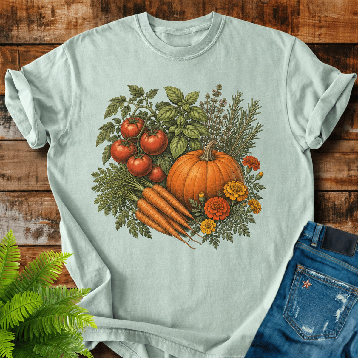 Kitchen Garden Harvest print on a Bay t-shirt